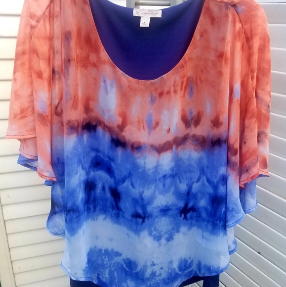 Dress Barn Flowy top attached Cami/Batwing Top sz L Tye Dye Effect Blue/Orange - Picture 2 of 5